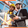 Doi specialiști cu căști de protecție verifică planuri și o tabletă lângă o structură metalică.