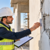 Specialist cu cască și vestă reflectorizantă măsoară o fisură într-un perete și ține planurile construcției.